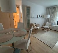 A bright living space with a dining table and wood-patterned flooring in a studio apartment.