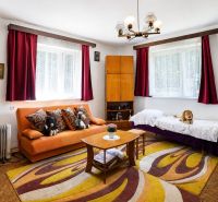 Living room in a family house with an orange sofa, a carpet with a colorful pattern, and wooden decor.