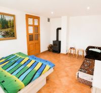 A bedroom with colorful bedding, a sofa, a stove, and a painting in a family house.