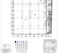 Architectural layout of commercial spaces with a material legend and technical specifications.