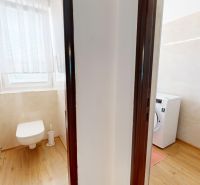 A bathroom in a 3-room apartment with a toilet, washing machine, and a floor with a wooden decor.