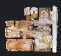 Floor plan of a 3-room apartment with wood-patterned flooring and a balcony.