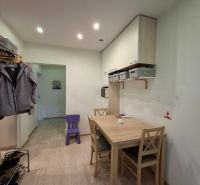Dining room in a 3-room apartment with wood-patterned flooring and built-in cabinets.