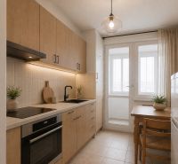 A kitchen in a 2-room apartment with a wooden decor floor and a dining table.