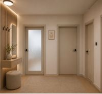 A hallway in a 2-room apartment with a wooden decor floor and cozy lighting.