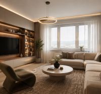 Living room in a 2-room apartment with a sofa, table, and floor with a wooden decor.