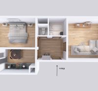 Floor plan of a 2-room apartment with wood-patterned flooring, spacious kitchen, and living area.