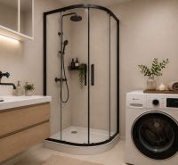 Bathroom in a 2-room apartment with a washing machine, shower, and sink.