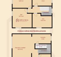 Floor plan of a four-room family house in Kendice with a room, kitchen, and bathroom.