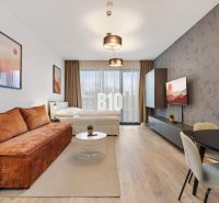 1-bedroom apartment with wood-patterned flooring, a television, and comfortable seating.
