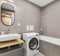 A bathroom with a sink, washing machine, and bathtub in a studio apartment.