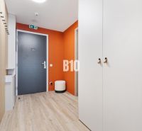 Entrance hall of a one-room apartment with a wooden decor floor and an orange wall.