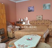 Living room with a tiled stove and a sofa in a family house.