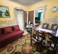 Living room in a family house with a nature painting and a wooden dining table.