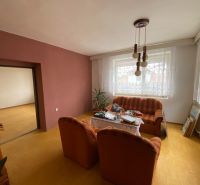 Living room of a family house with a wooden-patterned floor and a striped sofa.