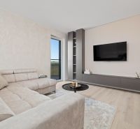 Living room with a beige sofa, a wall-mounted television, and a wood-patterned floor.