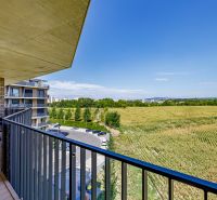 A balcony with a view of the field and buildings on Fialová Street, Bratislava-Petržalka, 3-room apartment.