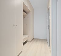 An entrance hall with a white wardrobe and a wooden decor floor in a 3-room apartment.