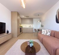 Living room in a 3-room apartment with a wooden decor floor and light furniture.