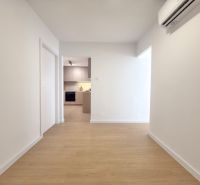 A hallway in a 3-room apartment with a wooden decor floor and air conditioning.