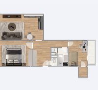 Floor plan of a 3-room apartment with a wooden decor floor, includes a kitchen and a bathroom.
