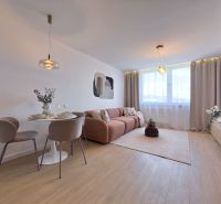 Living room with a sofa, dining table, and wood-patterned flooring in a three-room apartment.
