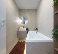 A bathroom with a bathtub and a sink in a 3-room apartment with beige walls.