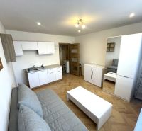 A studio apartment with a wooden decor floor, a kitchenette, and light-colored furniture.