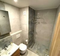 Compact bathroom in a studio apartment with an open shower and tiles.