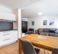 Kitchen and living room in a family house with a composite countertop and a wooden decor floor.