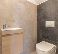 A bathroom in a family house with a toilet and a wooden cabinet under the sink.