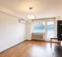 Living room with wood-patterned flooring, air conditioning, and a large window in a 3-room apartment.
