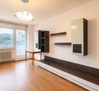 A room in a 3-room apartment with a wooden decor floor and built-in shelves.