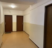 A hallway of an apartment building with three doors and a light-colored wall.