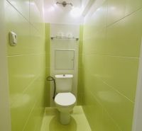 A narrow bathroom with light green tiles and a toilet in a 3-room apartment.