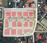 Map of residential plots in Nitra with marked parcels and areas for sale.