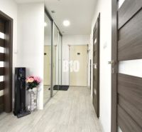 A hallway with a mirrored wardrobe and a wooden decor floor in a 3-room apartment.
