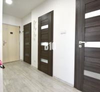 A hallway with doors and a floor with a wooden decor in a 3-room apartment.