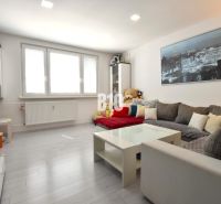 Living room in a three-room apartment with a wooden decor floor and a large sofa.