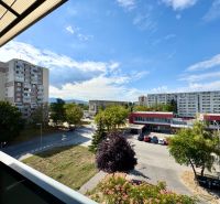 The view from a one-room apartment in Topoľčany overlooking the housing estate with greenery and a car.