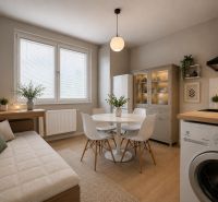 A kitchen in a studio apartment with a table, chairs, a couch, and a wooden decor floor.