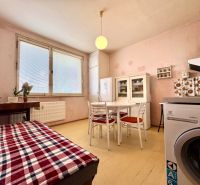A kitchen in a studio apartment with a table, chairs, a refrigerator, and decorative elements.