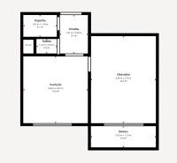 Layout of a 1-bedroom apartment with a living room, kitchen, bathroom, toilet, and balcony.