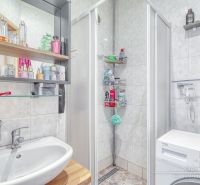 Bathroom in a 2-room apartment with a shower, sink, and washing machine.
