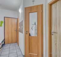 Hallway in a 2-room apartment with a tiled floor and wooden doors.
