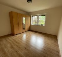 A room with a wooden floor design and a built-in wardrobe in a family house.