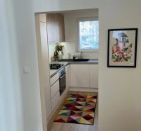 A small kitchen with a colorful rug and a wooden decor floor in a 3-room apartment.
