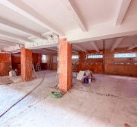 Spacious commercial spaces with concrete walls and floor, prepared for renovation.