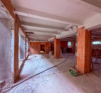 Commercial spaces under construction with exposed walls and columns, raw concrete surface.