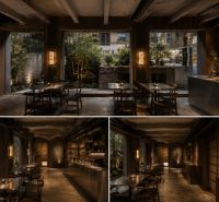 Interior of commercial spaces with wood-patterned flooring, dark lighting.